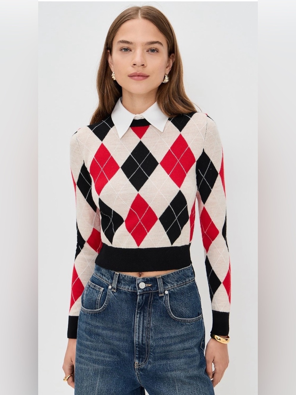 NWT Alice + Olivia Carolann Argyle Pullover With Woven Collar XL